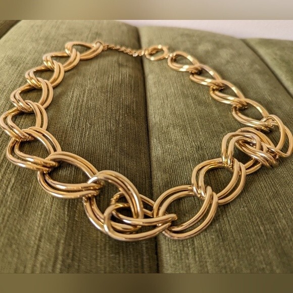 Chunky Double Link Collar Necklace Gold Tone Metal Toggle Clasp Maximalist - Picture 2 of 9